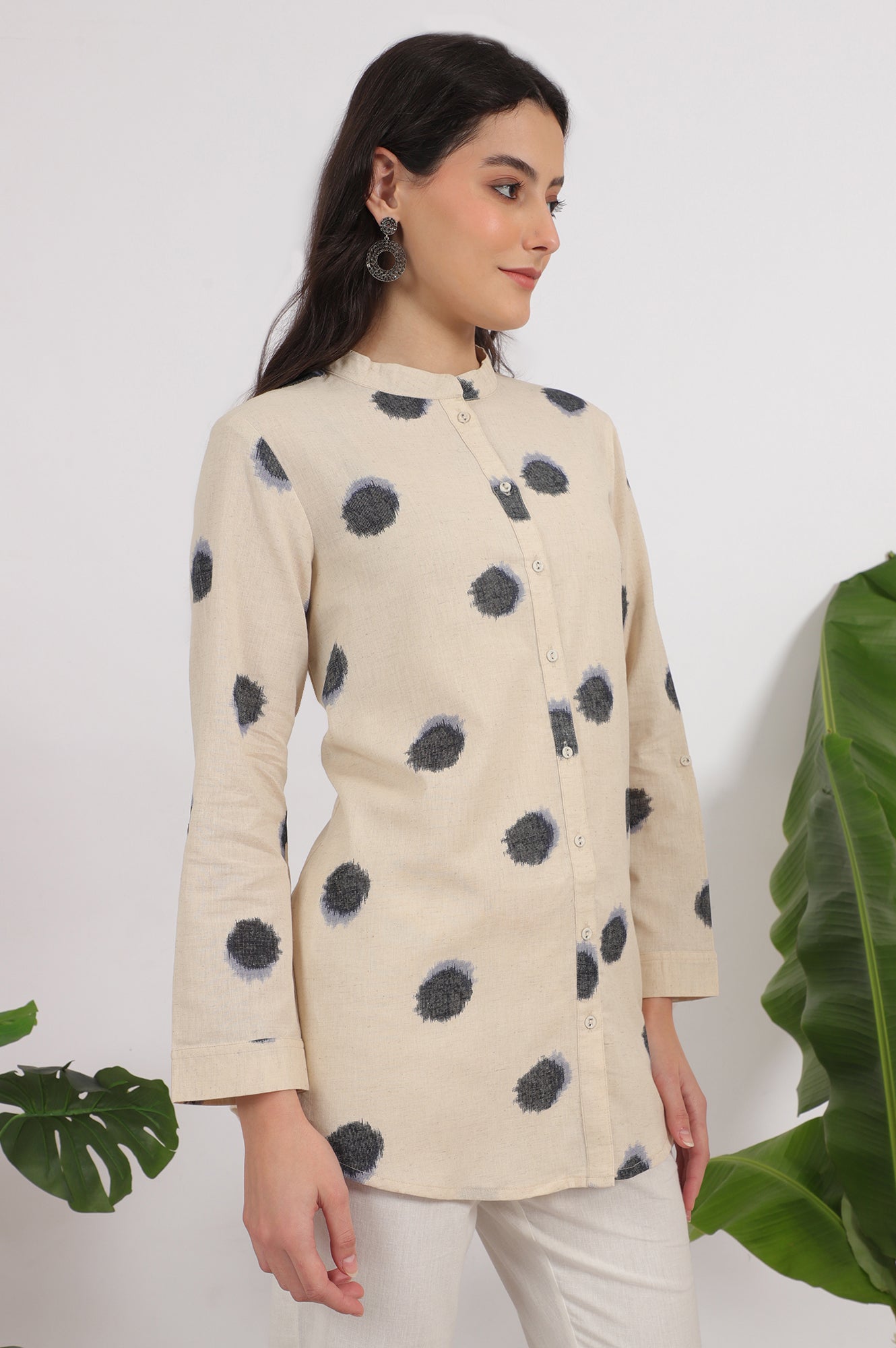 Off-White Polka Printed Cotton Flax Shirt