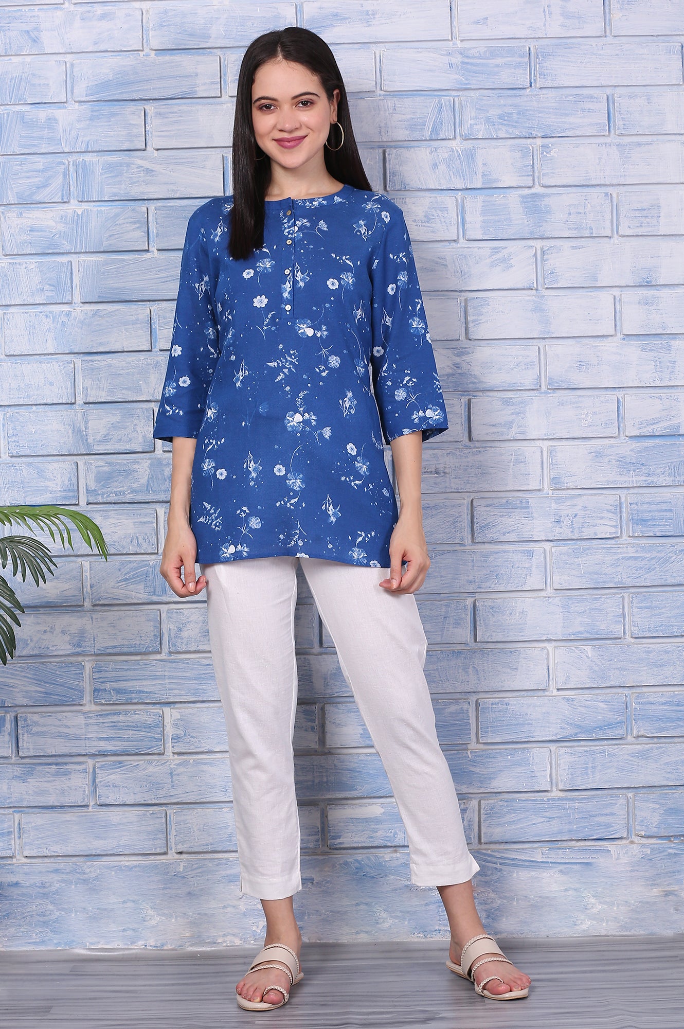 Dusty Blue Floral Printed Rayon A-Line Shirts Style Top main image 0