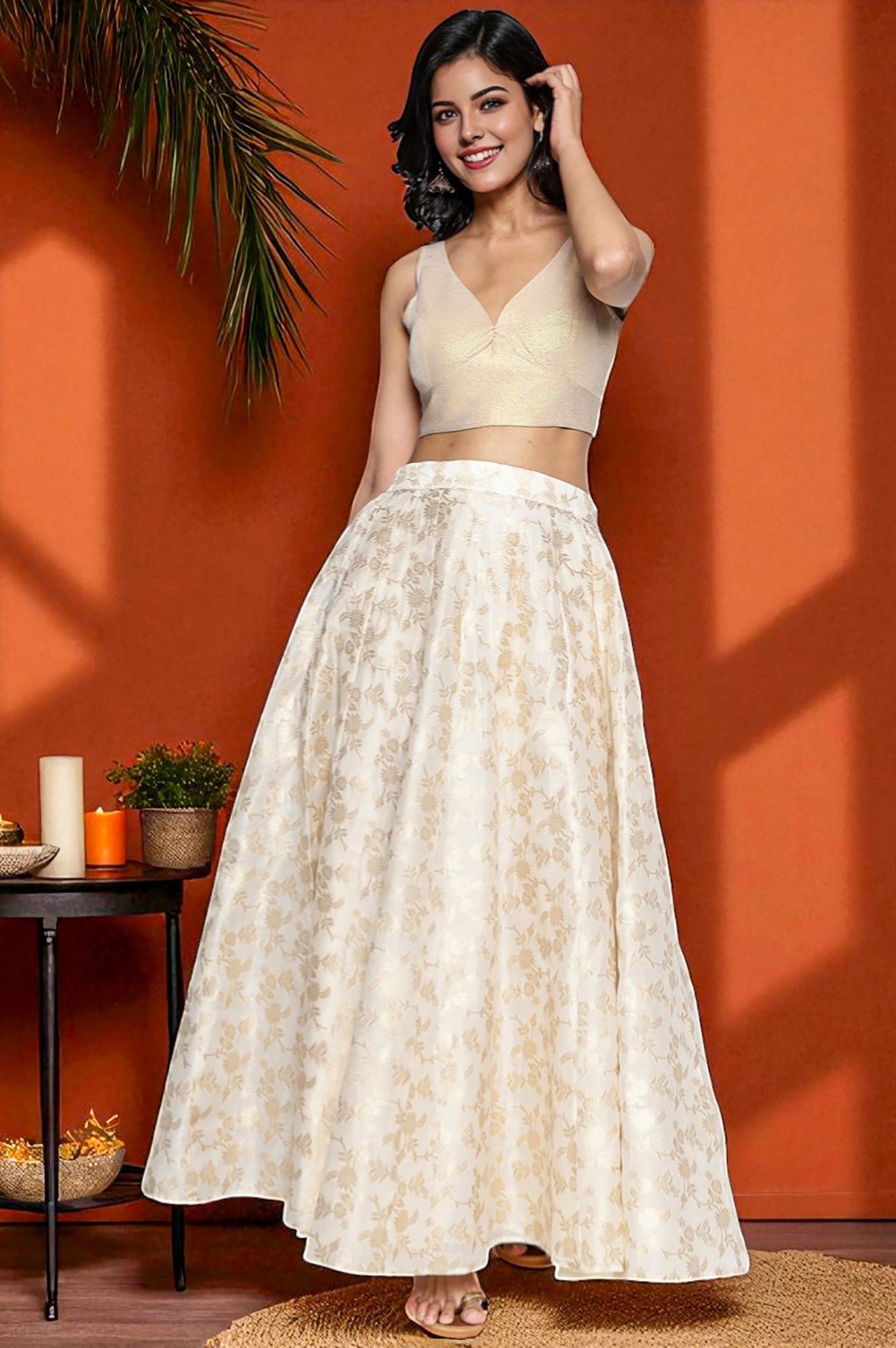 Cream Yarn Dyed Printed Jacquard BD Skirt