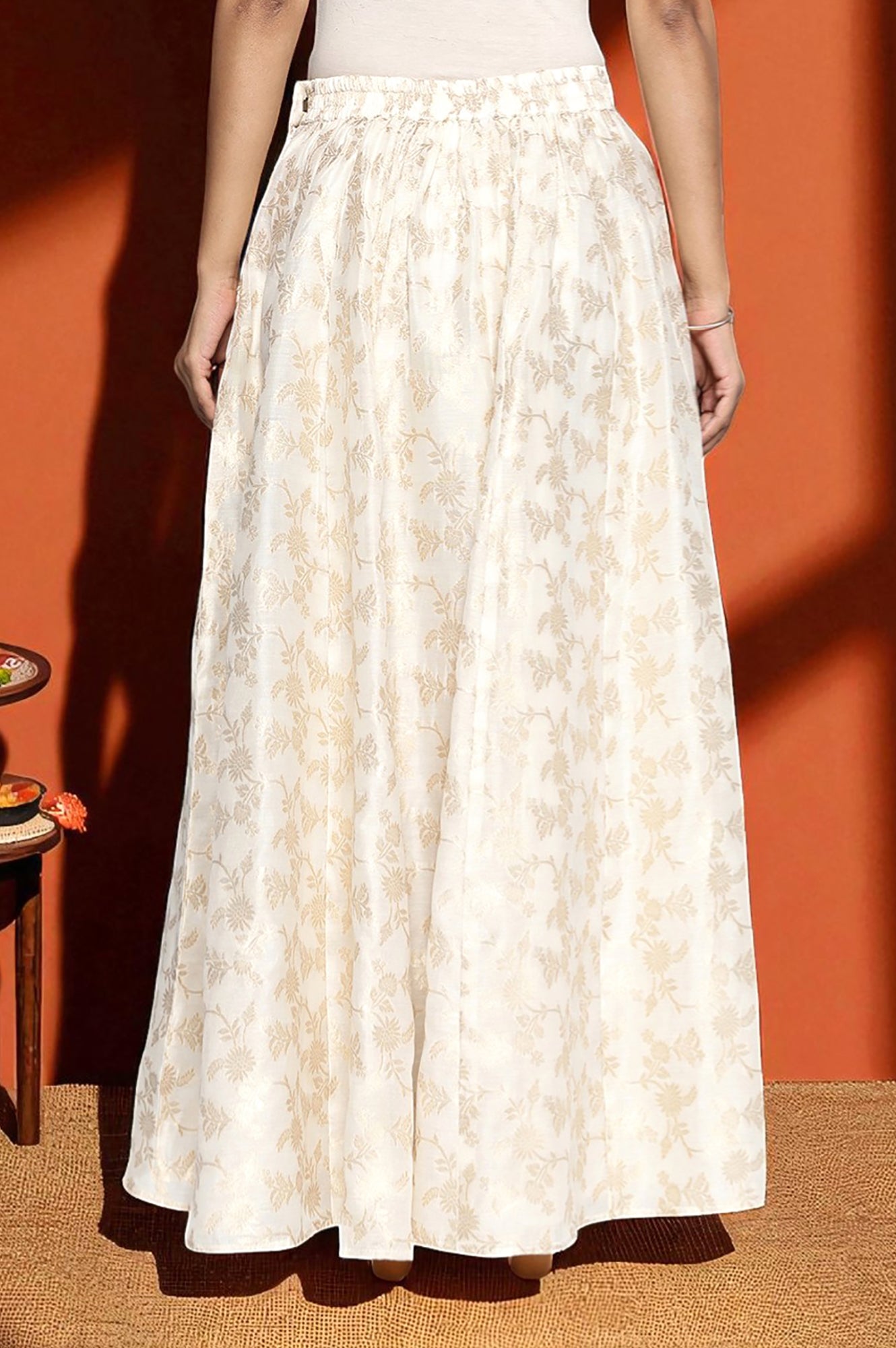 Cream Yarn Dyed Printed Jacquard BD Skirt