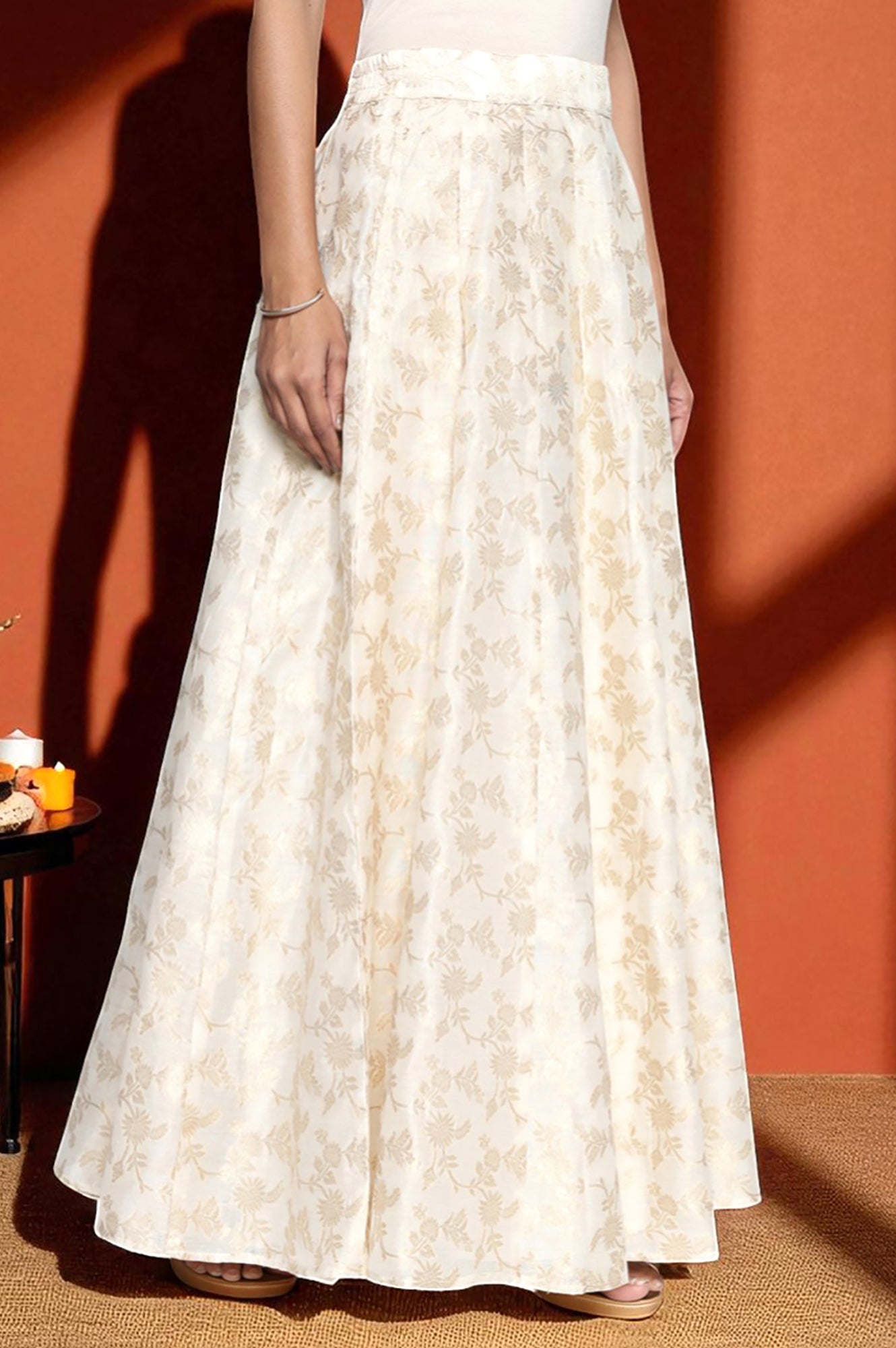 Cream Yarn Dyed Printed Jacquard BD Skirt