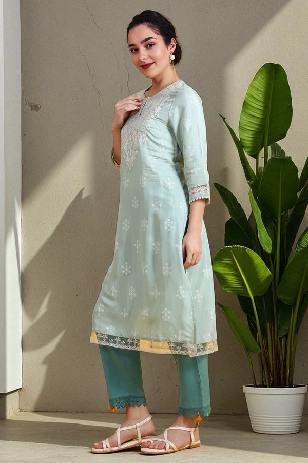 Blue Solid Cotton Flax Straight Pants