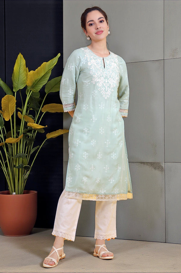 Beige Solid Lace Cotton Blend Straight Pants