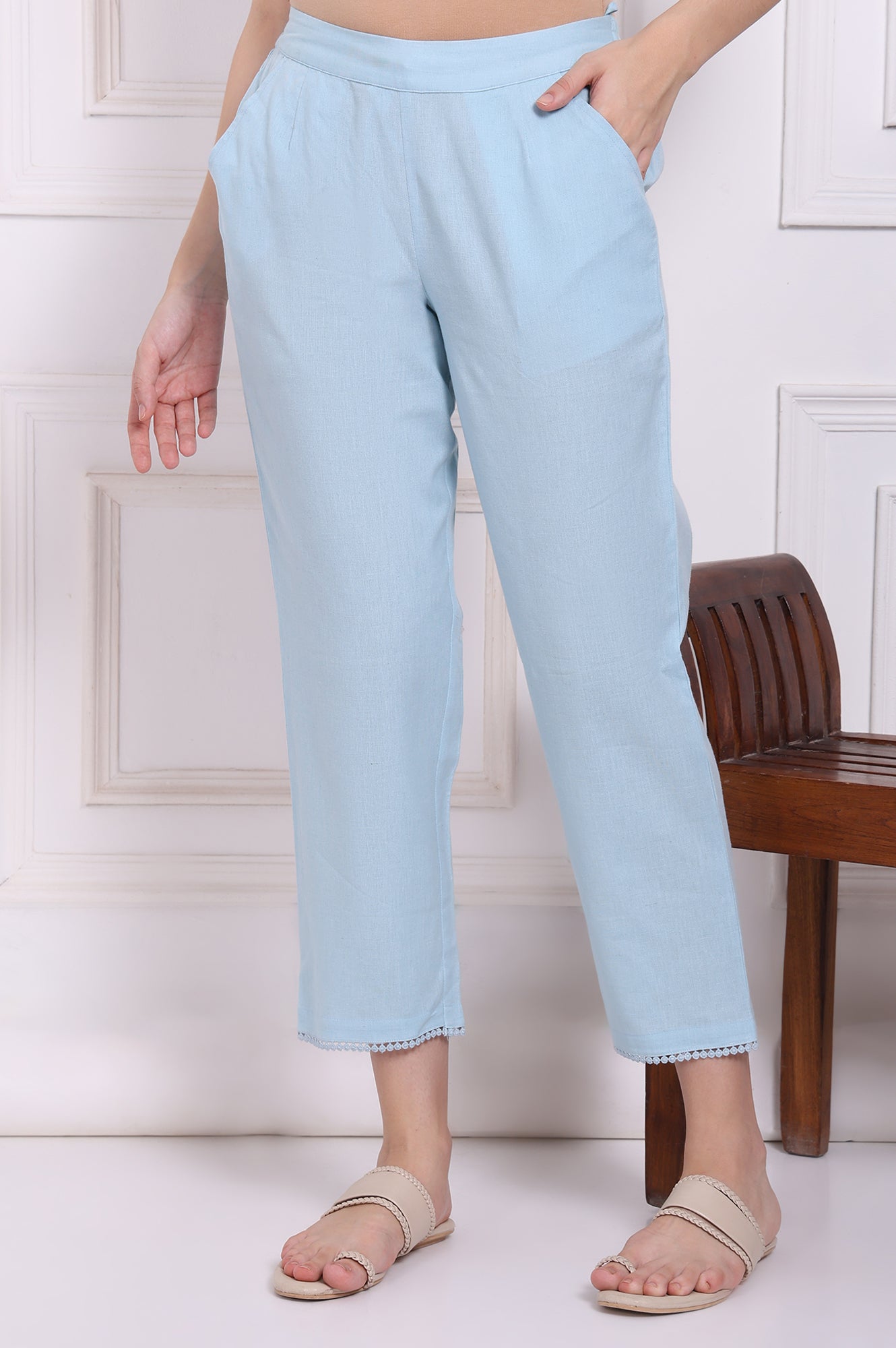 223906 Buy Blue Solid Cotton Flax Straight Pants with Lace Online for Woman ...
