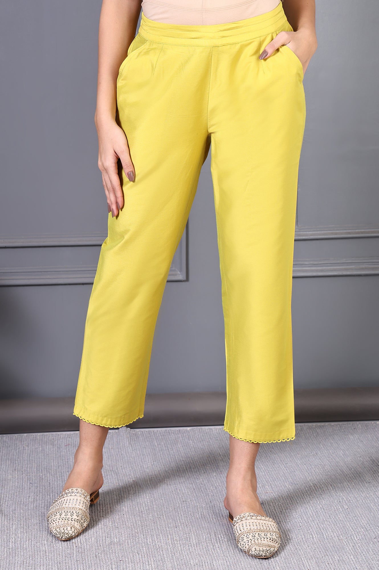 Buy Yellow Solid Lace Mid-Rise Straight Pant Online for Woman | WforWoman