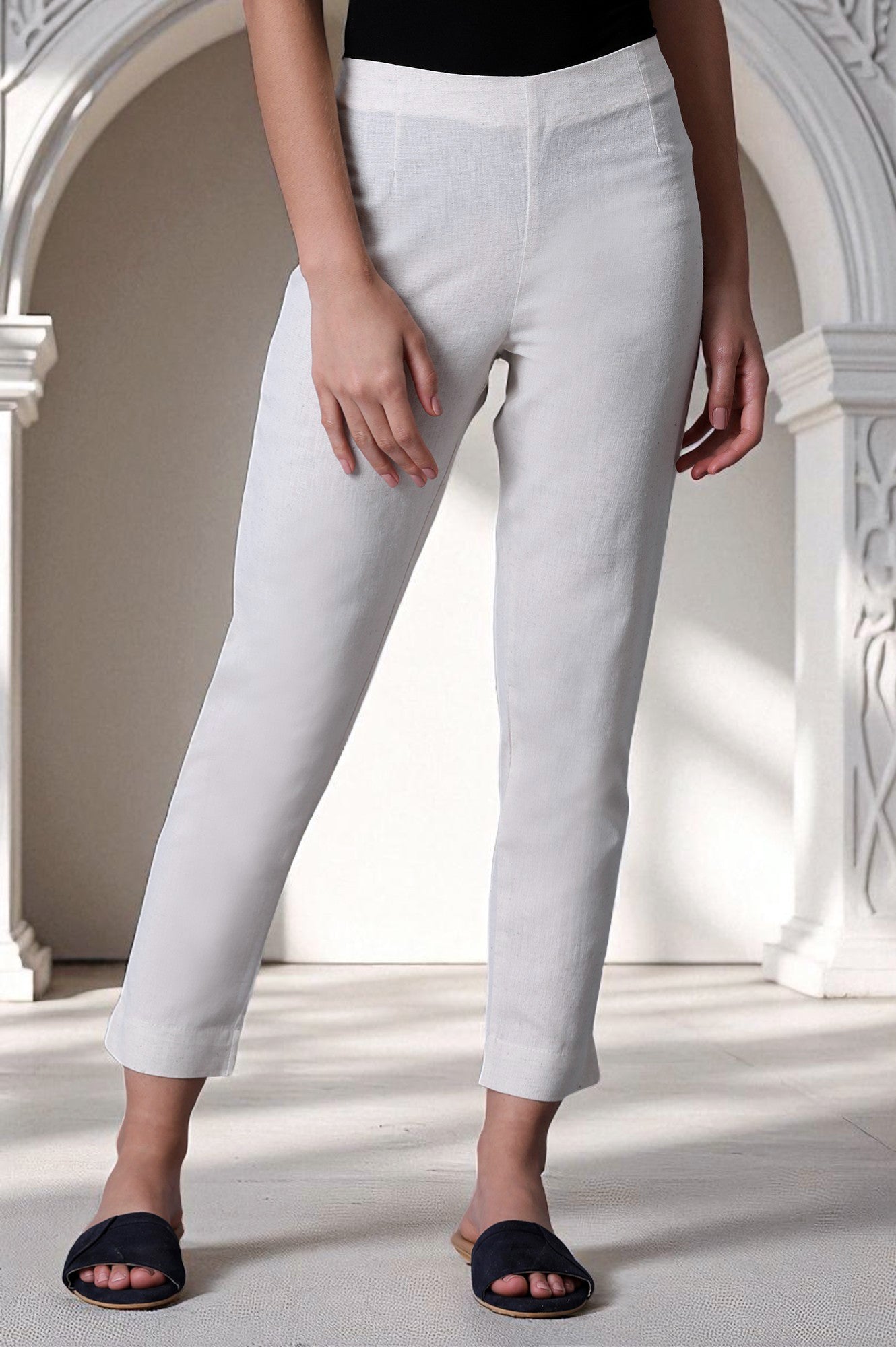 White Solid Mid-Rise Cotton Flax Slim Pants – wforwoman