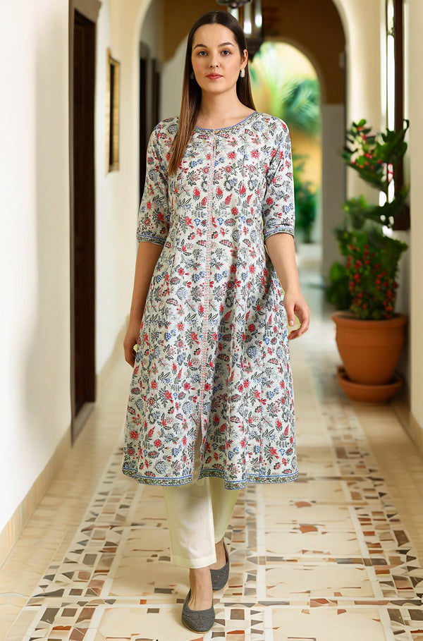 Light Blue Floral Glitter Printed Pure Cotton Anarkali Kurta and Pants Set
