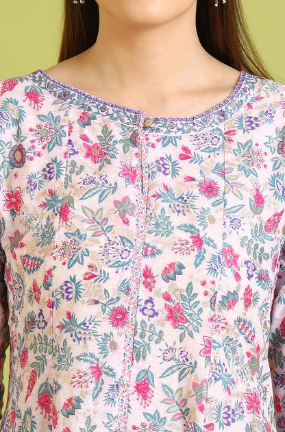 Light Pink Floral Glitter Printed Pure Cotton Anarkali Kurta and Pants Set