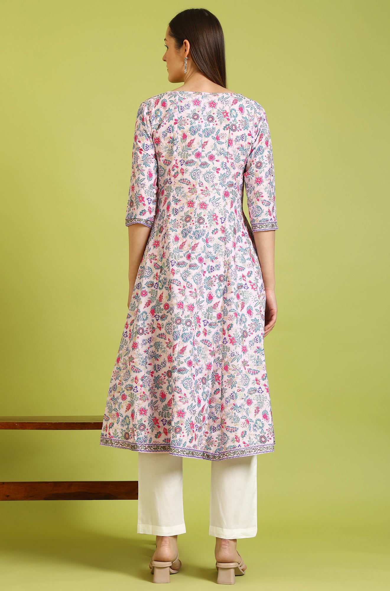 Light Pink Floral Glitter Printed Pure Cotton Anarkali Kurta and Pants Set
