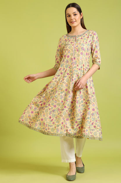 Light Yellow Floral Glitter Printed Pure Cotton Anarkali Kurta and Pants Set