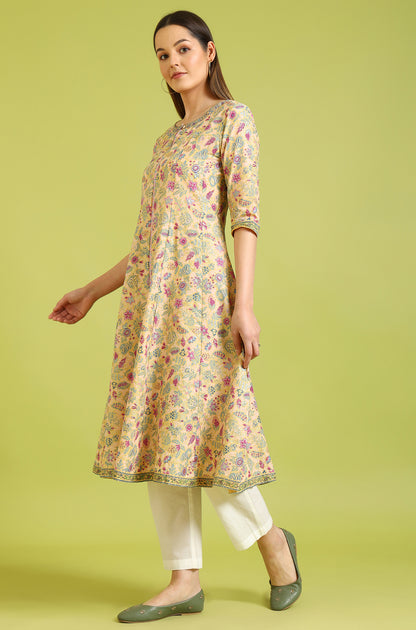 Light Yellow Floral Glitter Printed Pure Cotton Anarkali Kurta and Pants Set