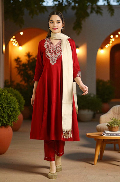 Dark Red Metallic Embroidered Anarkali Kurta, Pants and Dupatta Set