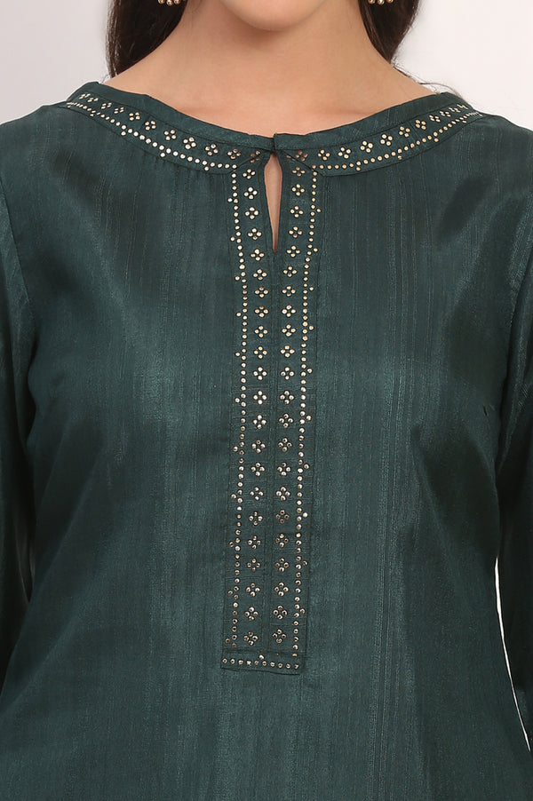 Green Mukaish Embellished Straight Kurta and Straight Pants Co-ord Set