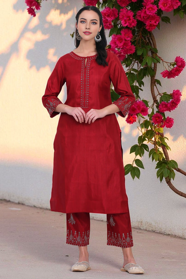 Red Mukaish Embellished Straight Kurta and Straight Pants Co-ord Set