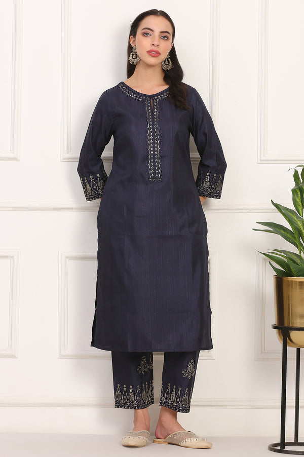 Navy Blue Mukaish Embellished Straight Kurta and Straight Pants Co-ord Set