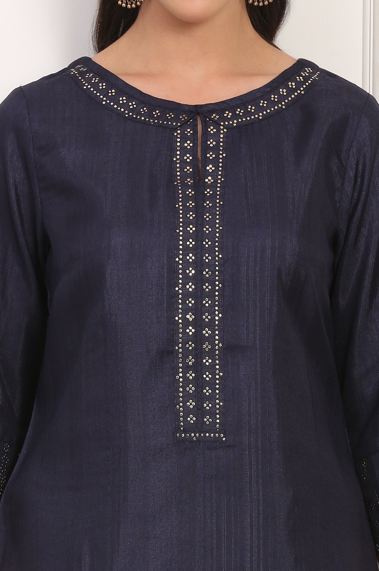 Navy Blue Mukaish Embellished Straight Kurta and Straight Pants Co-ord Set