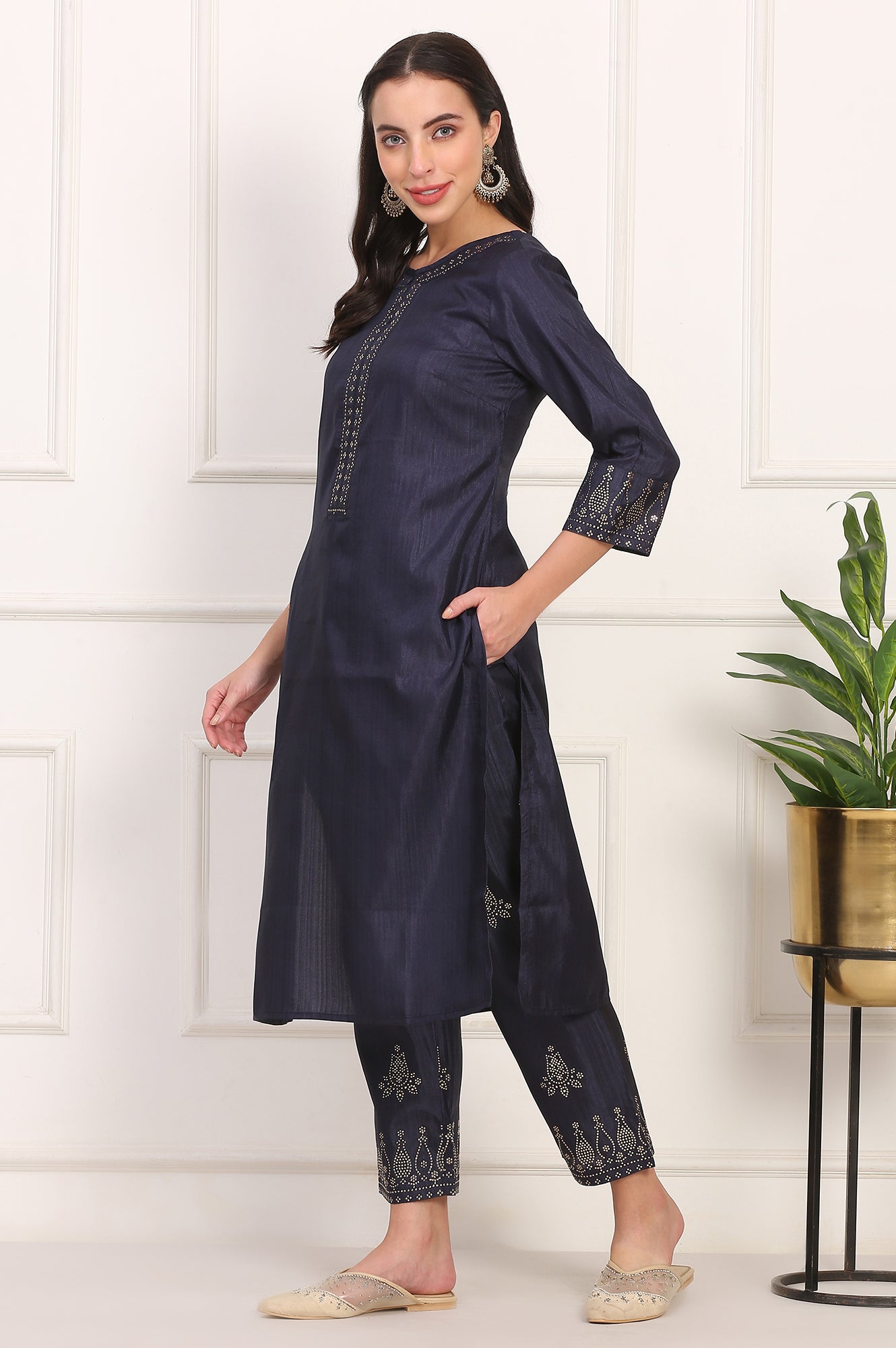 Navy Blue Mukaish Embellished Straight Kurta and Straight Pants Co-ord Set