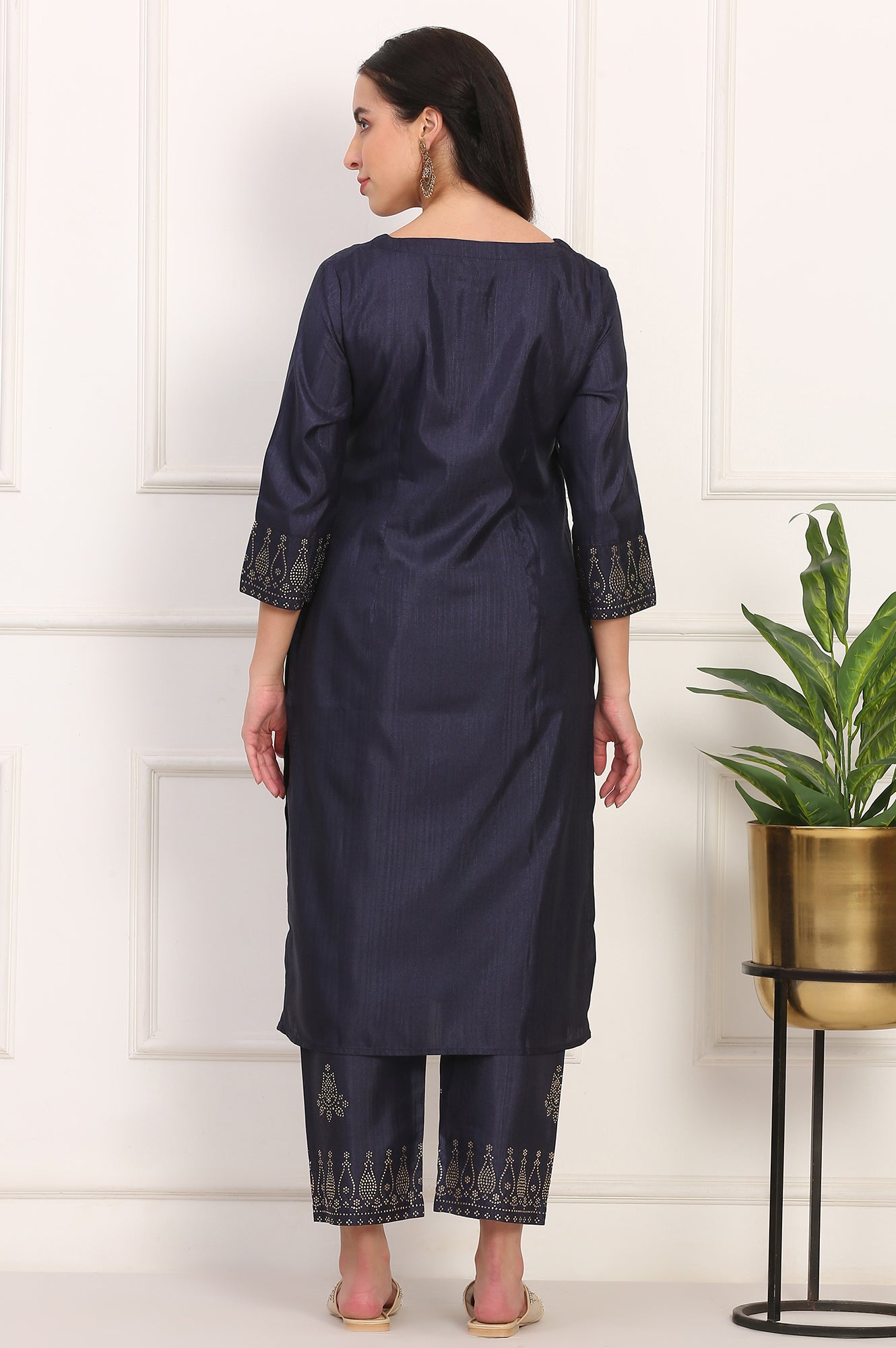 Navy Blue Mukaish Embellished Straight Kurta and Straight Pants Co-ord Set