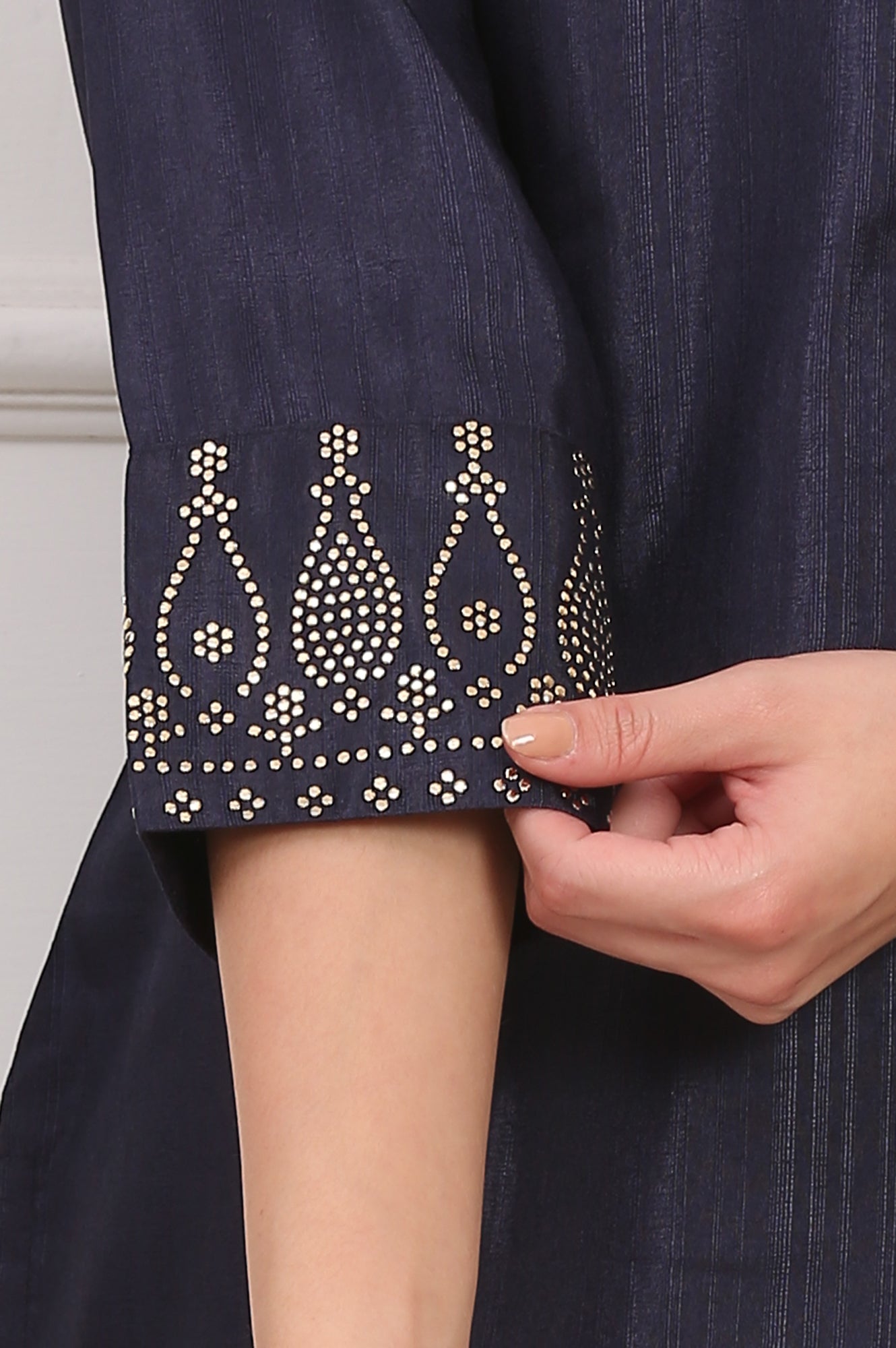 Navy Blue Mukaish Embellished Straight Kurta and Straight Pants Co-ord Set