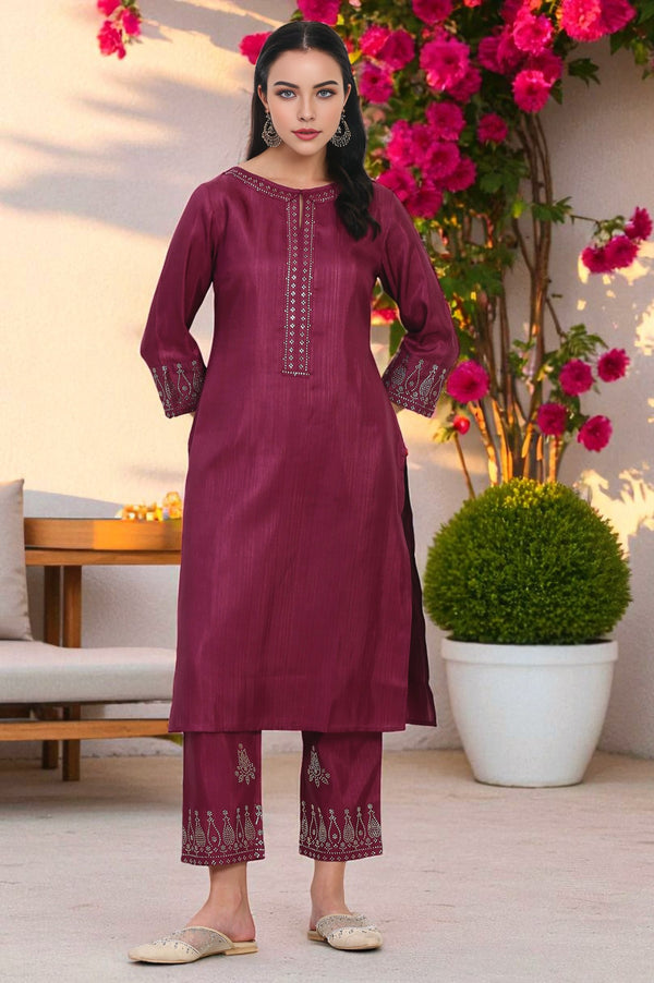 Purple Mukaish Embellished Straight Kurta and Straight Pants Co-ord Set