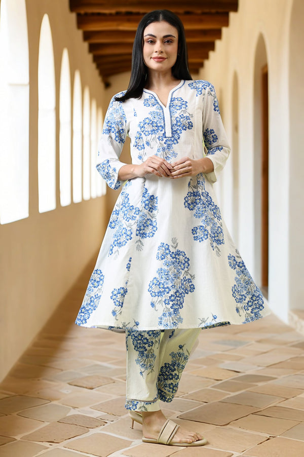 White Floral Printed Pure Cotton Flared Kurta and Pants Co-ord Set