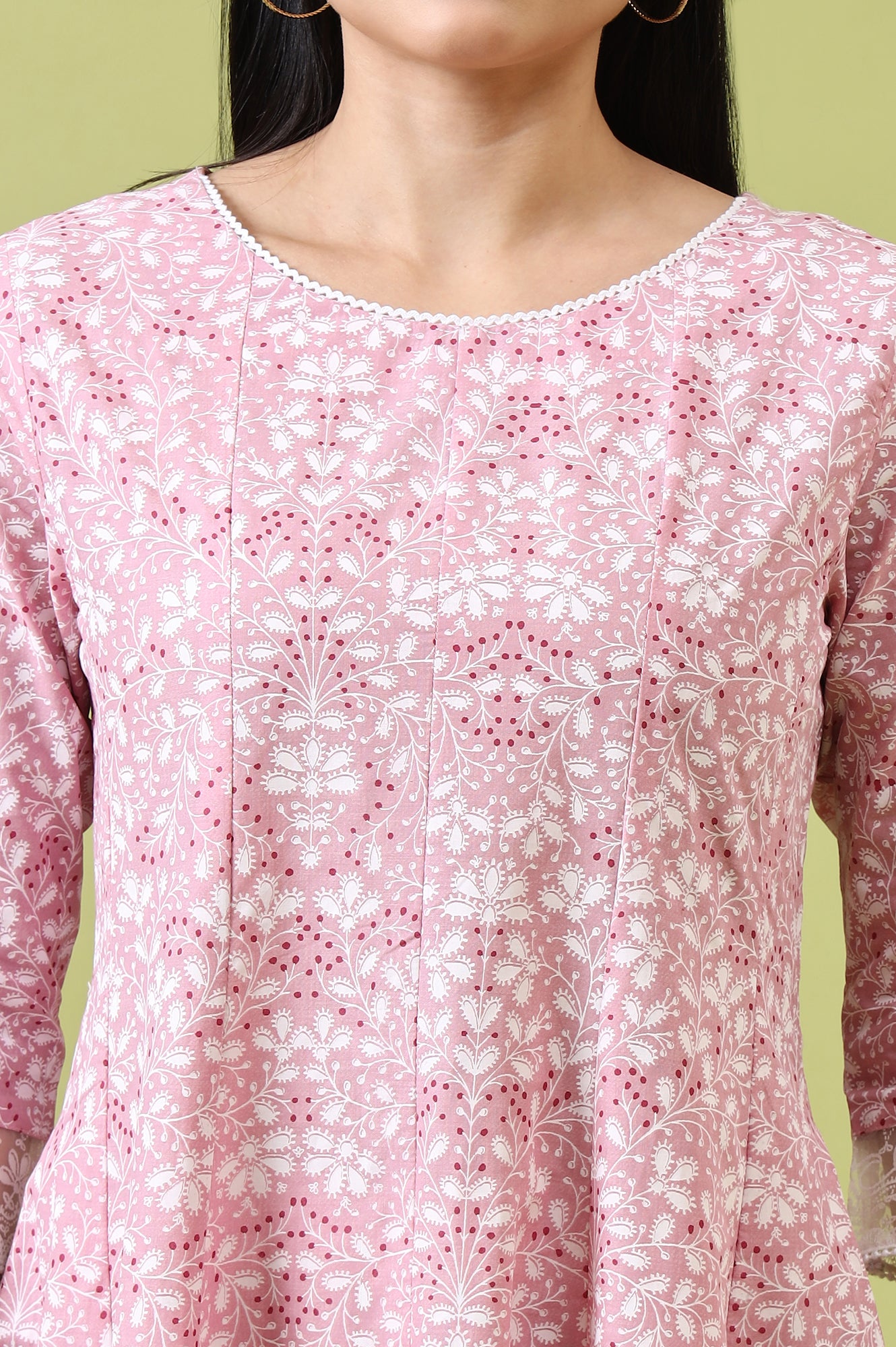 Pink Floral Printed Pure Cotton Anarkali Kurta and Straight Pants Set