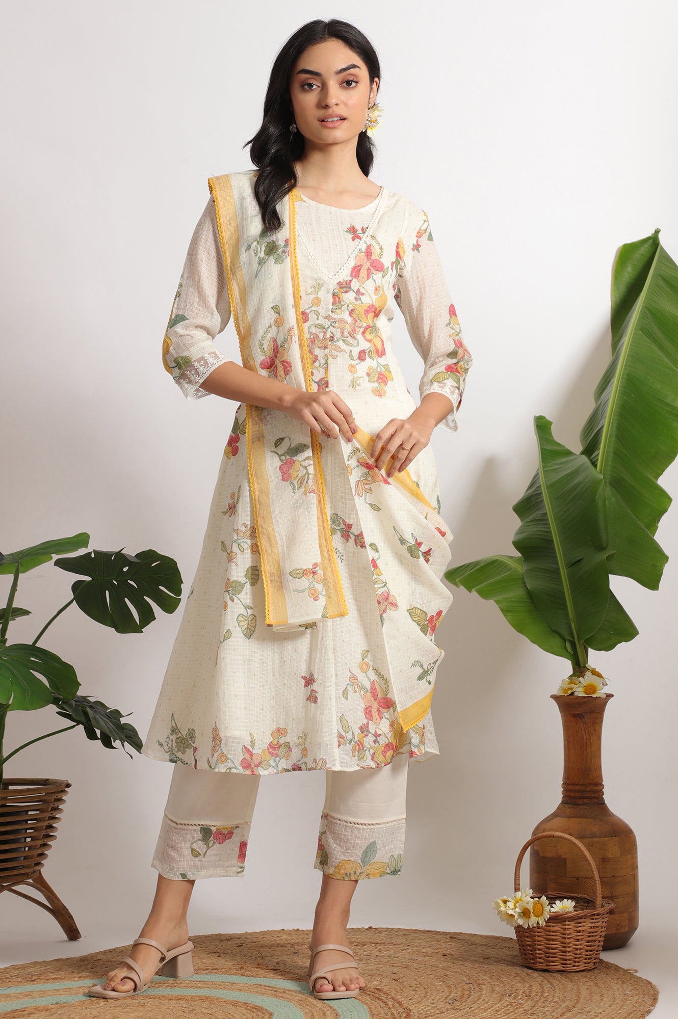 White Floral Printed Mock Layered Kota Flared Kurta and Pants Set with Dupatta