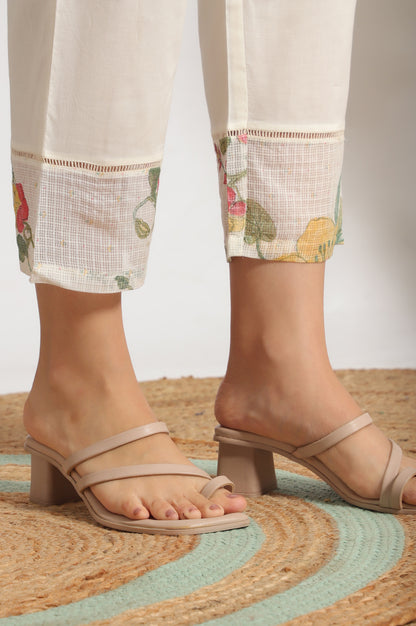 White Floral Printed Mock Layered Kota Flared Kurta and Pants Set with Dupatta