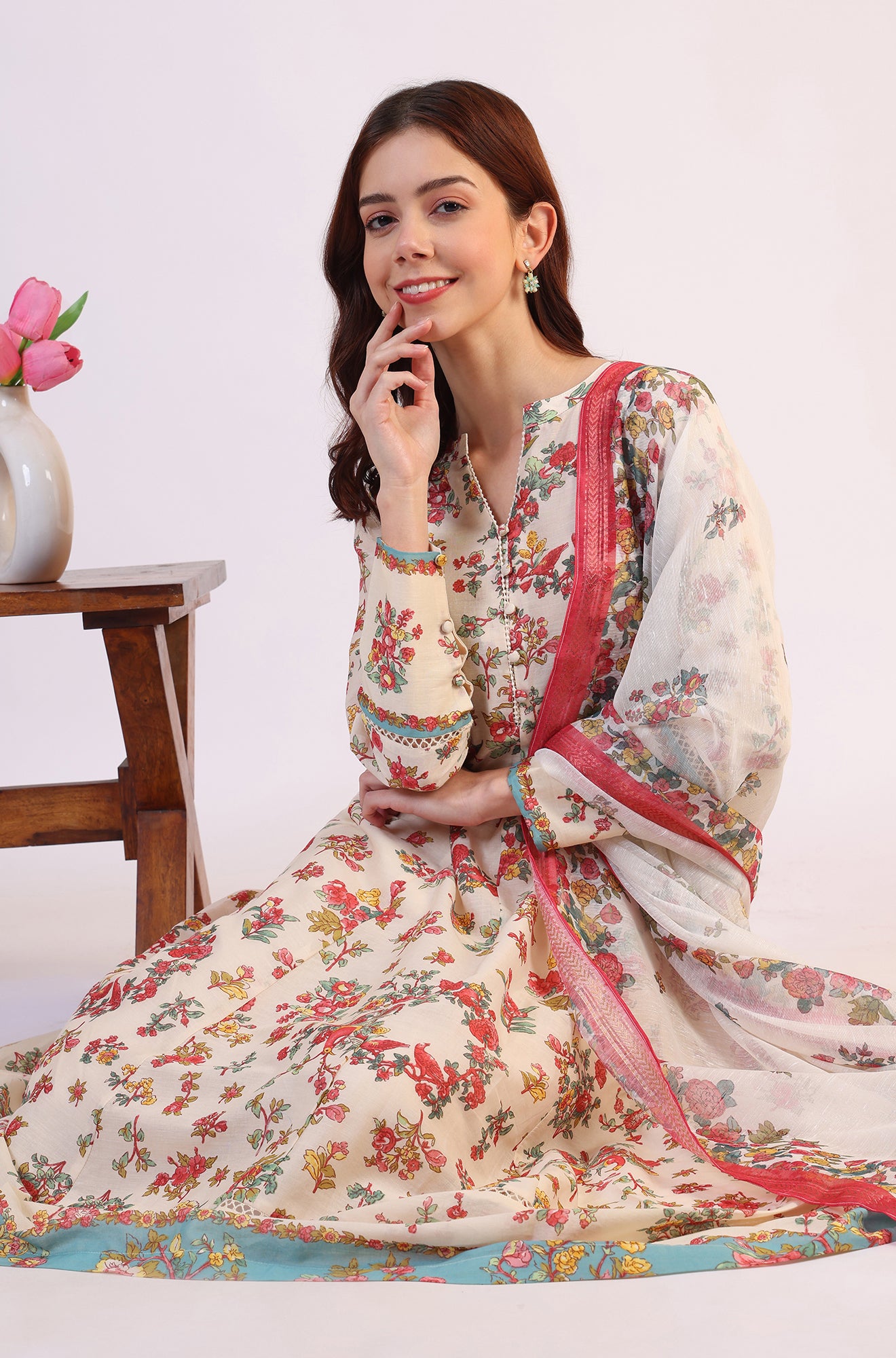 White Purple Floral Cotton Flared Kurta With Pant Set
