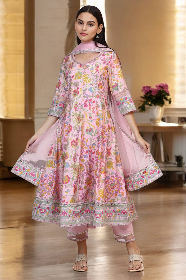 Light Pink Floral Printed Muslin Anarkali Kurta, Pants and Dupatta Set