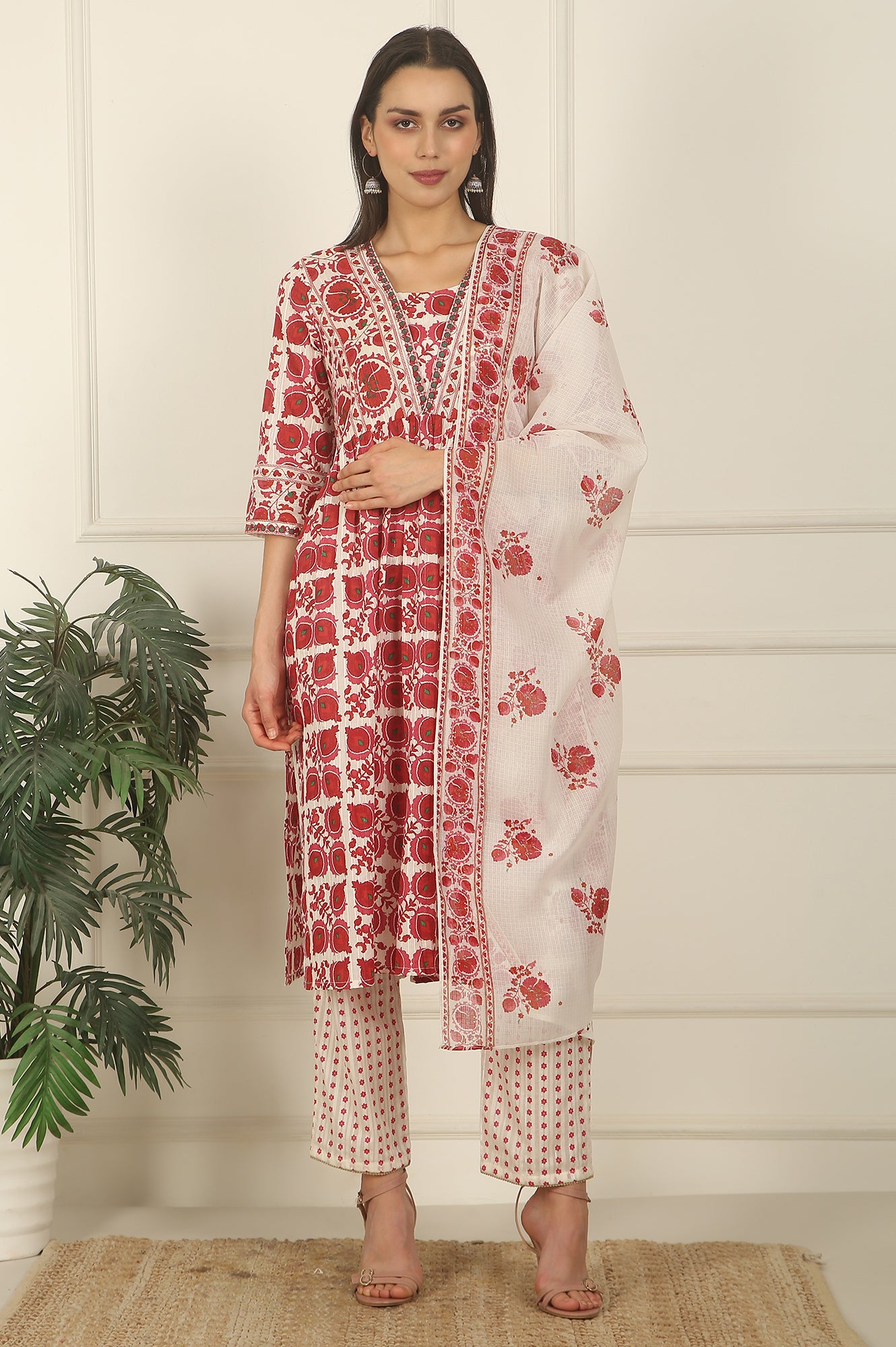 White and Red Printed Cotton Lurex Kurta, Pants and Dupatta Set