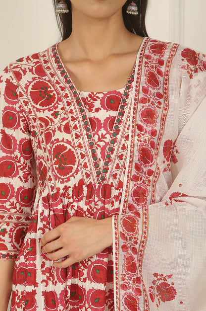 White and Red Printed Cotton Lurex Kurta, Pants and Dupatta Set