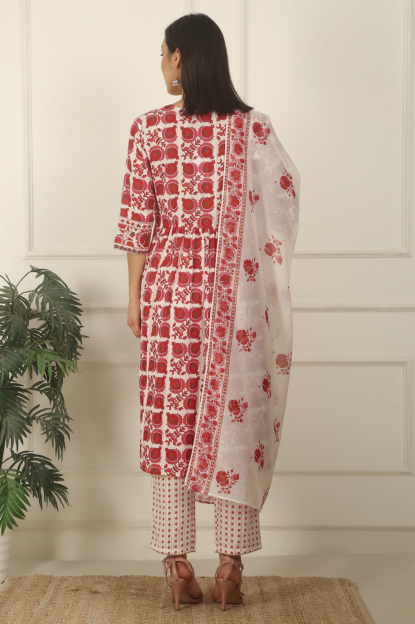 White and Red Printed Cotton Lurex Kurta, Pants and Dupatta Set
