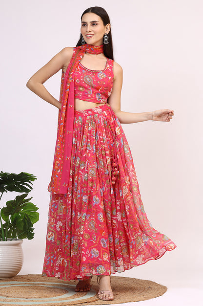 Pink Floral Printed Embellished Chiffon Sleeveless Crop Top, Skirt and Dupatta Set