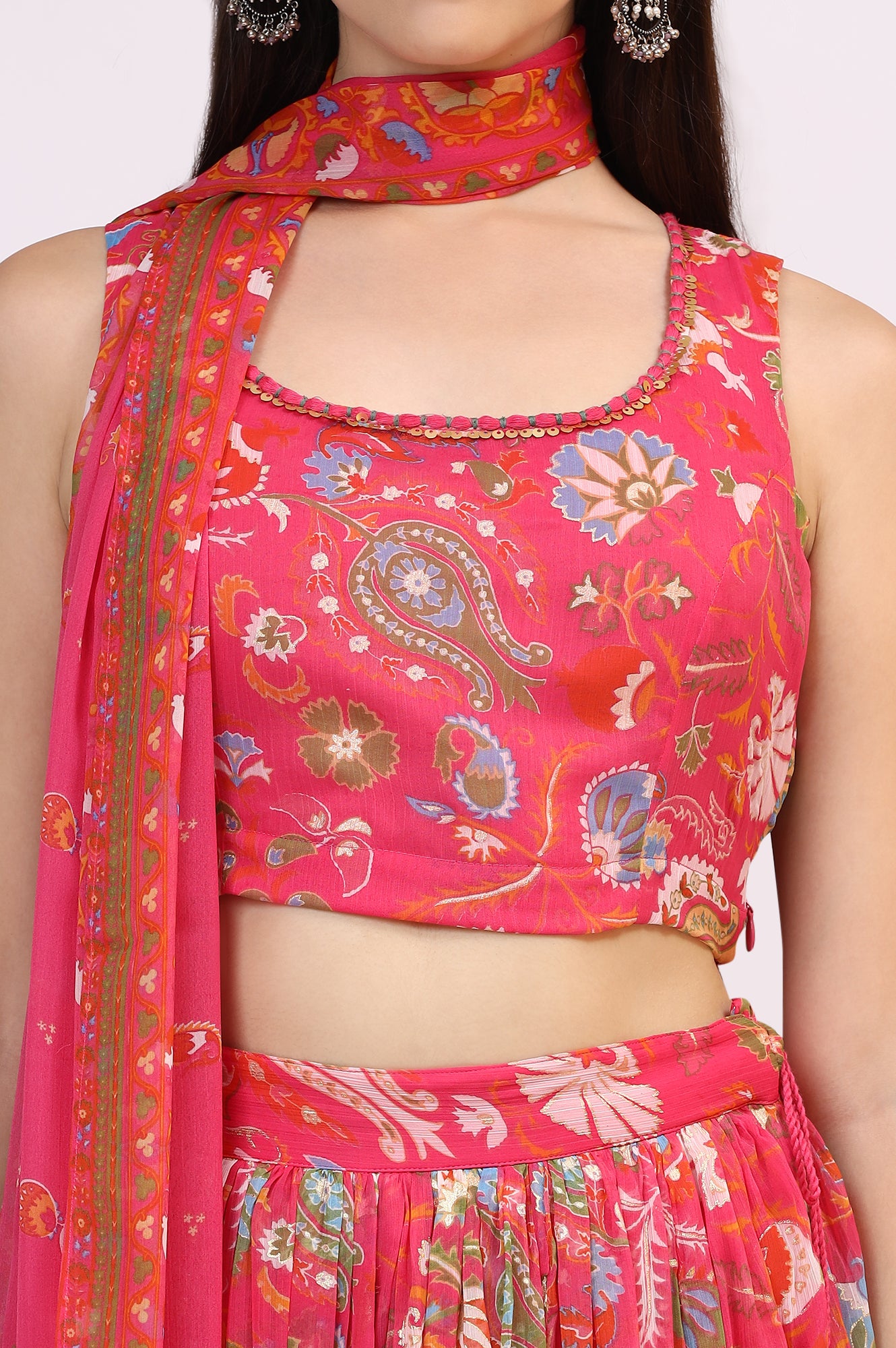 Pink Floral Printed Embellished Chiffon Sleeveless Crop Top, Skirt and Dupatta Set