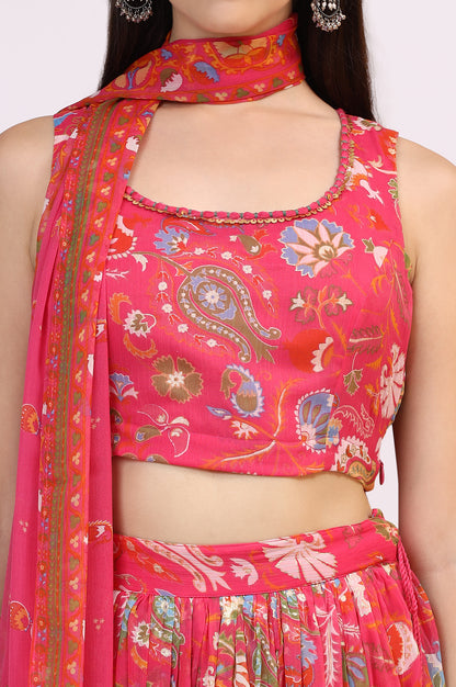 Pink Floral Printed Embellished Chiffon Sleeveless Crop Top, Skirt and Dupatta Set