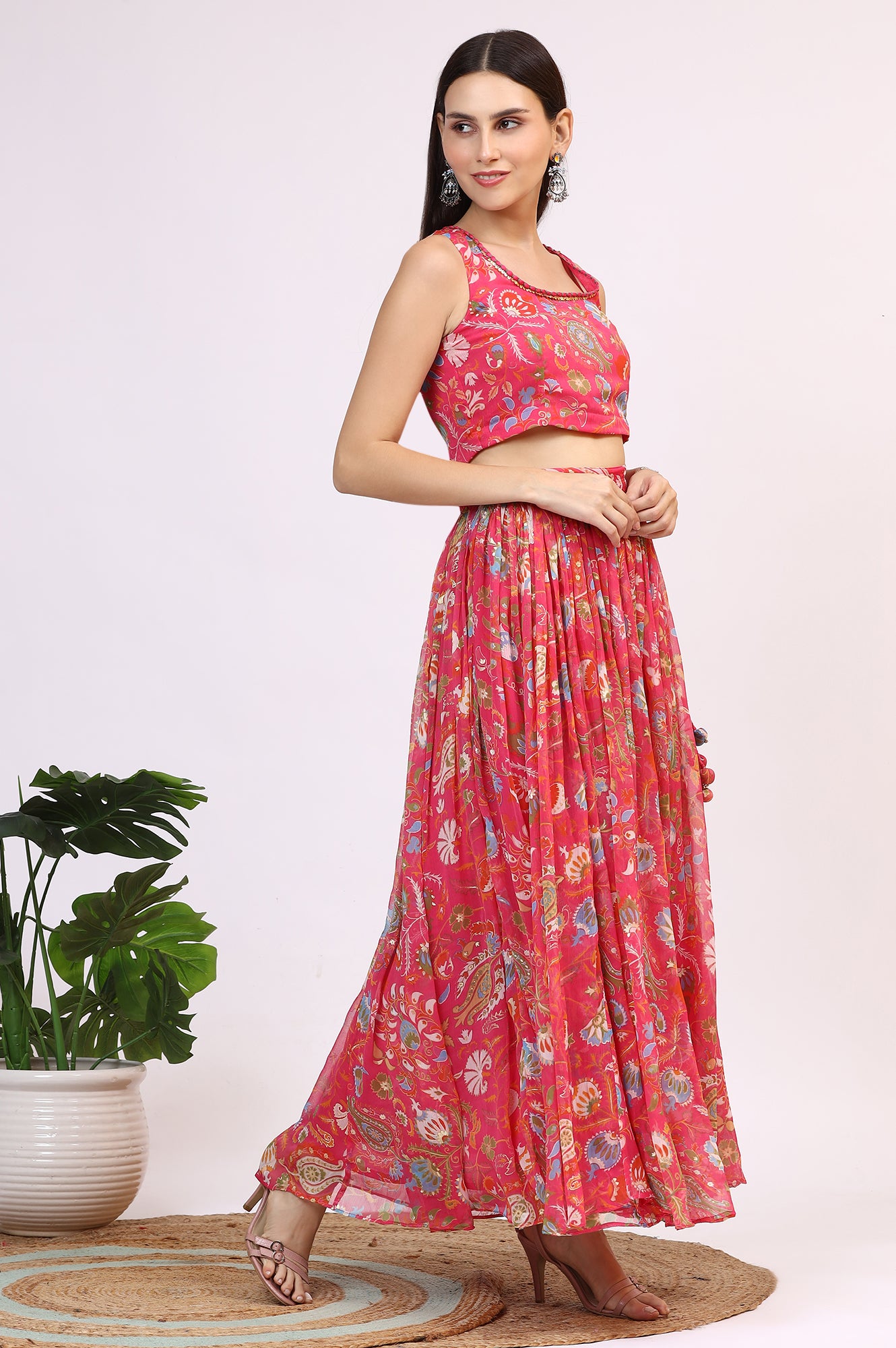 Pink Floral Printed Embellished Chiffon Sleeveless Crop Top, Skirt and Dupatta Set