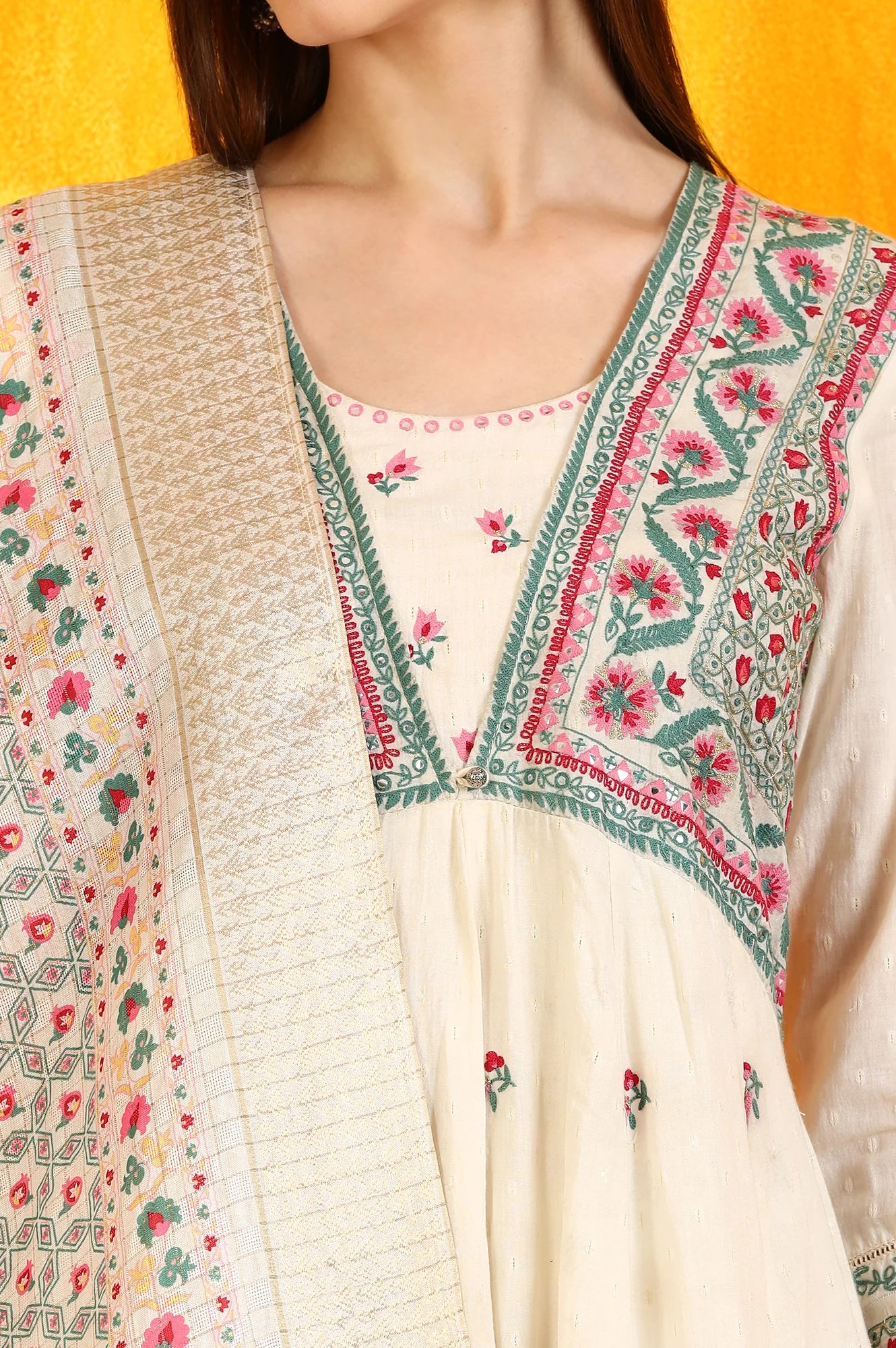 White Embroidered Yoke Cotton Dobby Anarkali Kurta, Pants and Dupatta Set