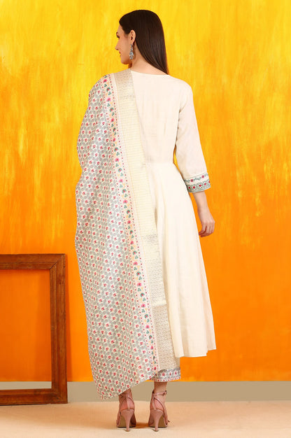 White Embroidered Yoke Cotton Dobby Anarkali Kurta, Pants and Dupatta Set