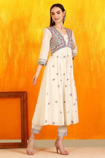 White Embroidered Yoke Cotton Dobby Anarkali Kurta, Pants and Dupatta Set
