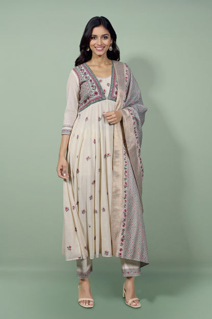 White Embroidered Yoke Cotton Dobby Anarkali Kurta, Pants and Dupatta Set
