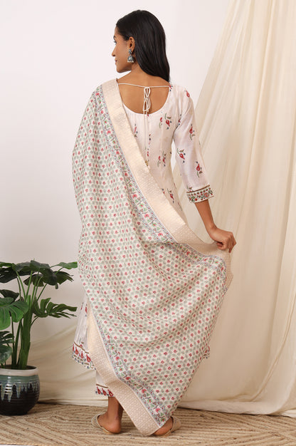 White Floral Printed Chanderi Anarkali Kurta, Pants and Dupatta Set
