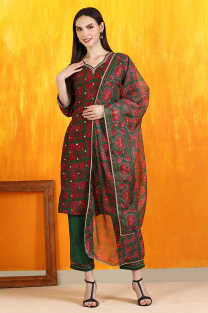 Green Printed Zari Embroidered Straight Kurta with Pants and Organza Dupatta