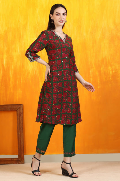 Green Printed Zari Embroidered Straight Kurta with Pants and Organza Dupatta