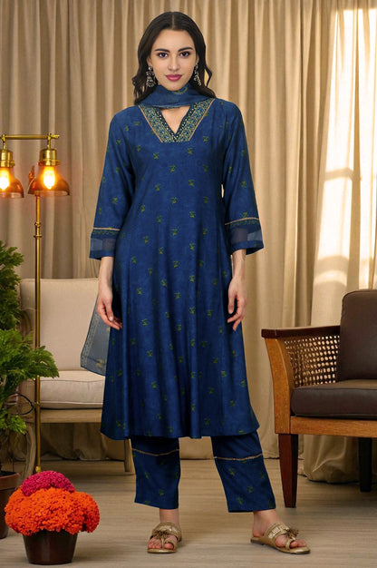 Blue Floral Printed Embroidered Flared Kurta, Pants and Dupatta Set