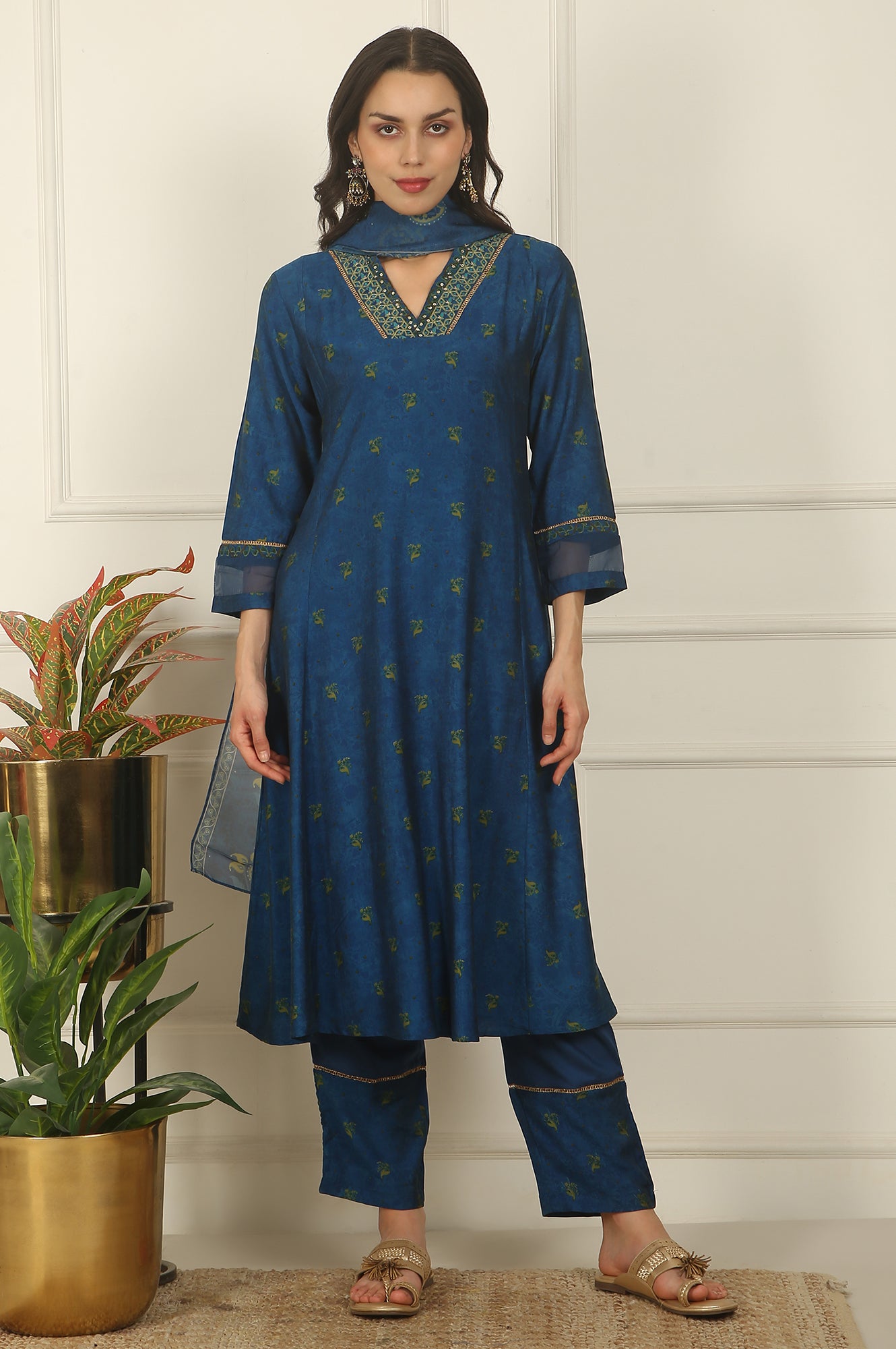 Blue Floral Printed Embroidered Flared Kurta, Pants and Dupatta Set