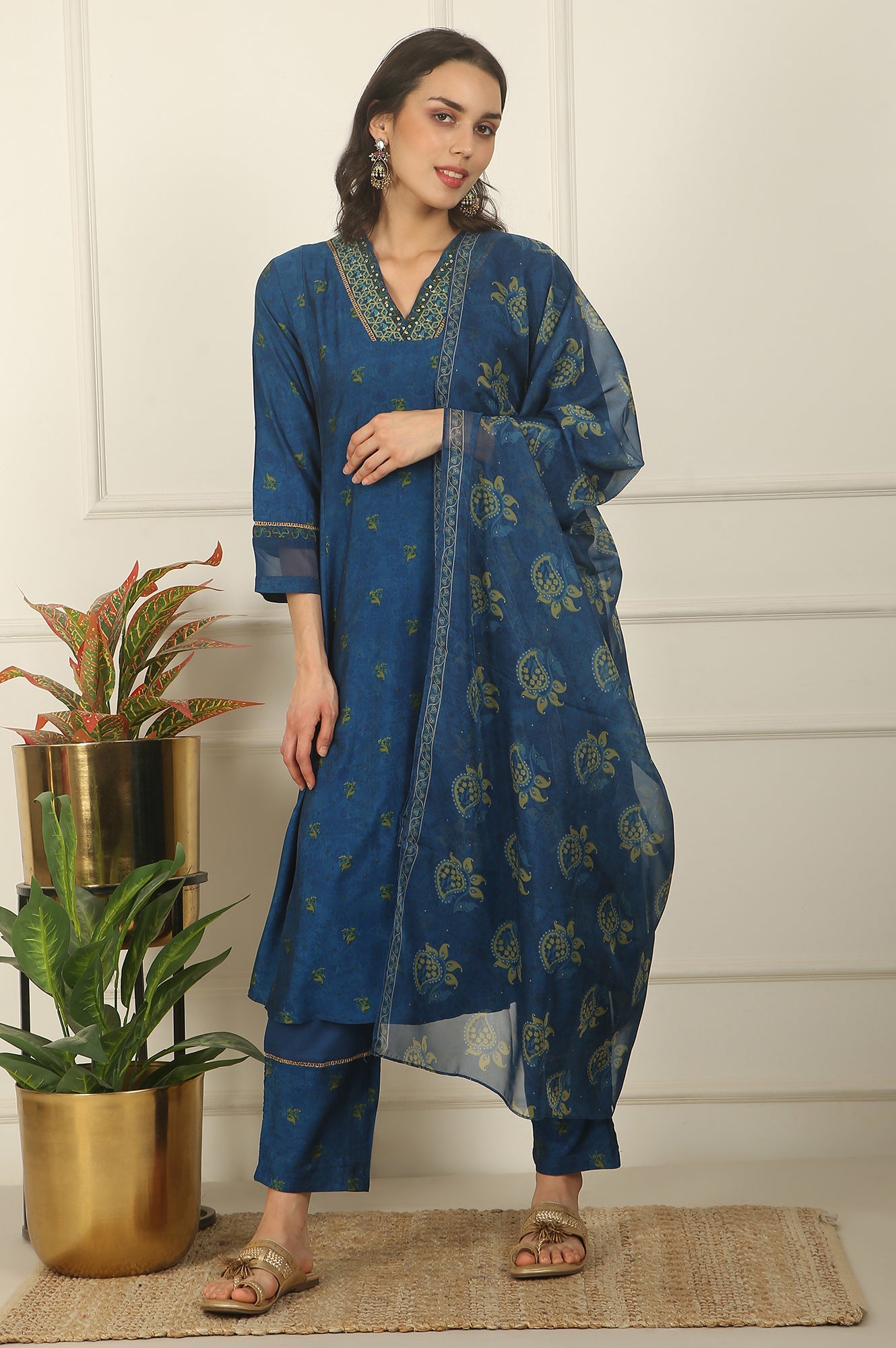 Blue Floral Printed Embroidered Flared Kurta, Pants and Dupatta Set