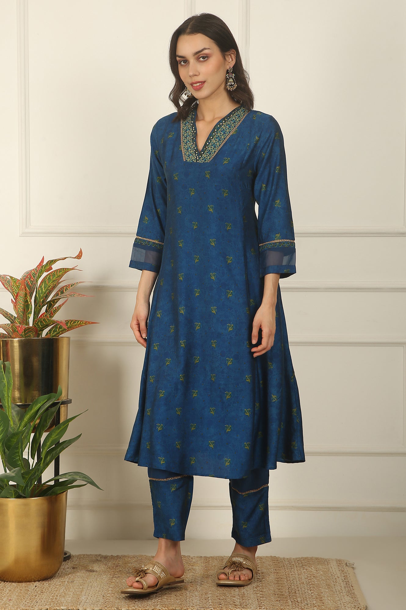 Blue Floral Printed Embroidered Flared Kurta, Pants and Dupatta Set