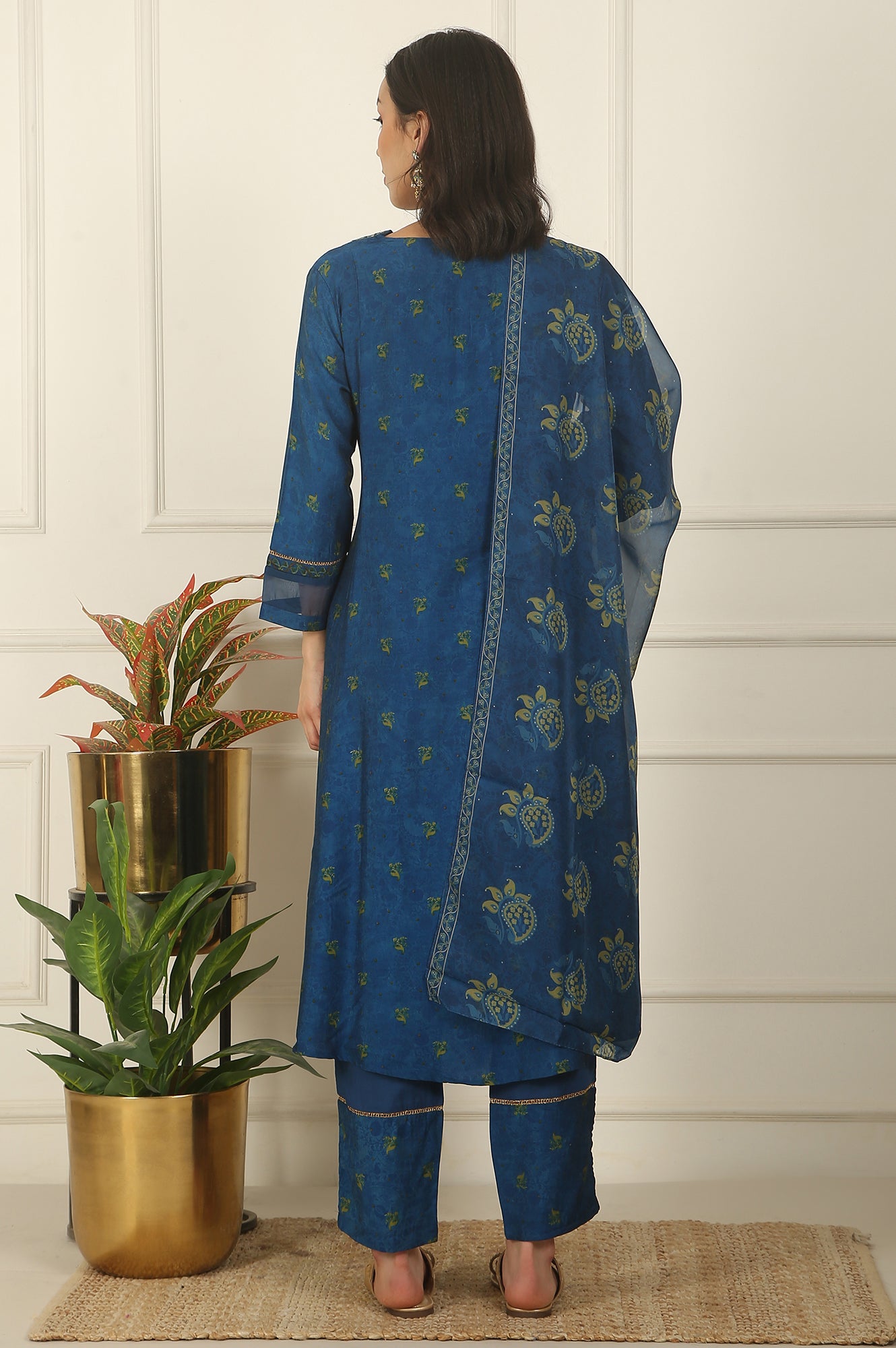 Blue Floral Printed Embroidered Flared Kurta, Pants and Dupatta Set