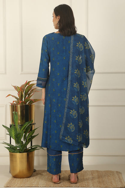 Blue Floral Printed Embroidered Flared Kurta, Pants and Dupatta Set